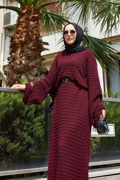 Ajurlu File Detaylı Triko Elbise Bordo