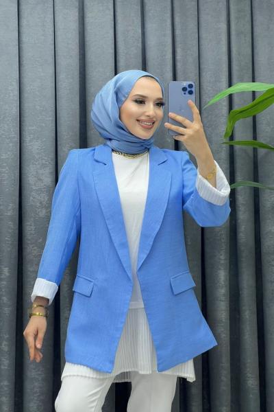 astarlı keten spor ceket Mavi