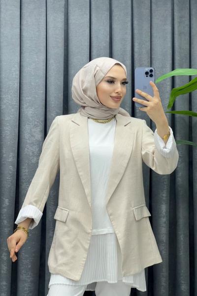 astarlı keten ceket Krem