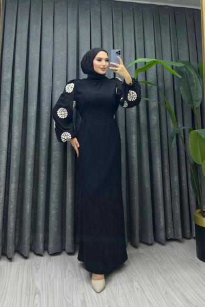DANTEL İŞLENELİ ŞİFON KOL ELBİSE Siyah