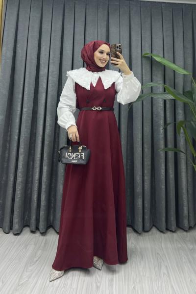 Düğme Detaylı Kemerli Tesettür Jile Bordo Bordo
