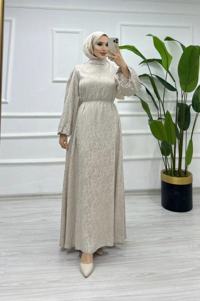 İNCİ JAKARLI ELBİSE Krem