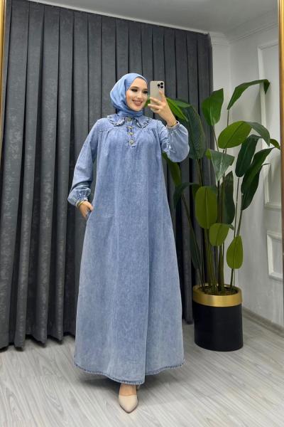 kar yıkamalı kot elbise Gri