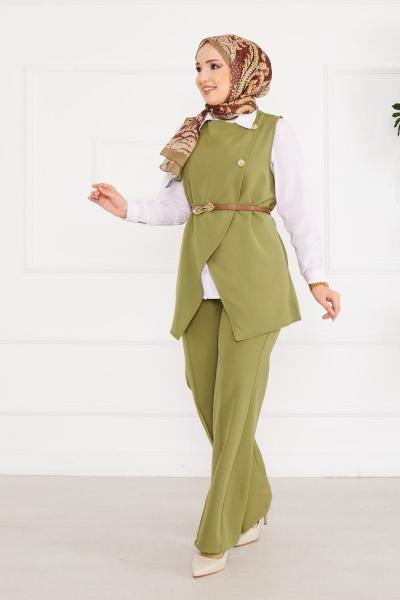 Kemerli Yelekli Tesettür İkili Takım Yeşil  Yeşil