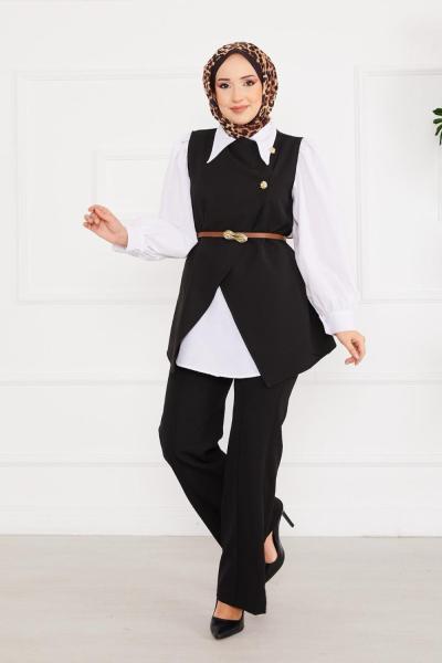 Kemerli Yelekli Tesettür İkili Takım Siyah Siyah