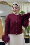 Kolu Peluş Detaylı Kalp Düğmeli Triko Hırka Bordo