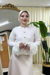 Kolu Peluş Detaylı Kalp Düğmeli Triko Hırka Beyaz