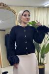 Kolu Peluş Detaylı Kalp Düğmeli Triko Hırka Lacivert