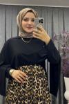 Leopar Desenli Pelerinli Elbise Siyah