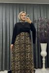 Leopar Desenli Pelerinli Elbise Siyah