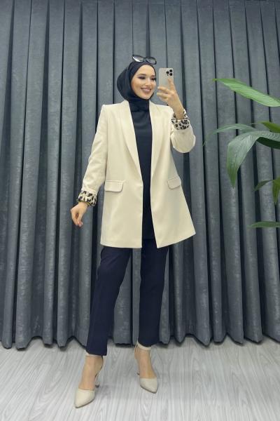 MUHTEŞEM LEOPAR DETAYLI BLAZER CEKET Krem
