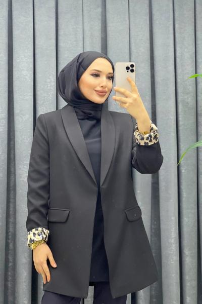 MUHTEŞEM LEOPAR DETAYLI BLAZER CEKET Siyah