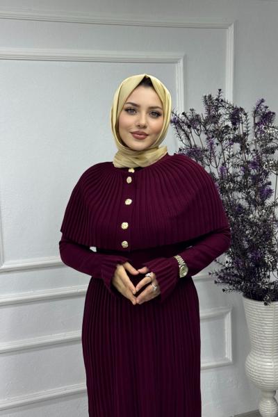 Pelerinli Maxi Elbise  Bordo