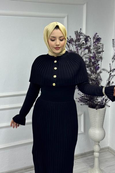 Pelerinli Maxi Elbise  Siyah