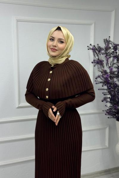 Pelerinli Maxi Elbise  Kahverengi