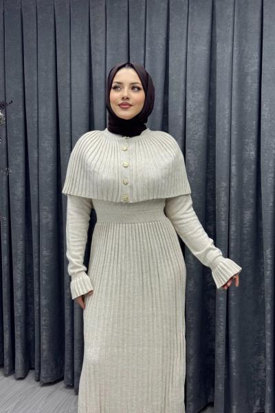 Piliseli Maxi Elbise  Taş Rengi