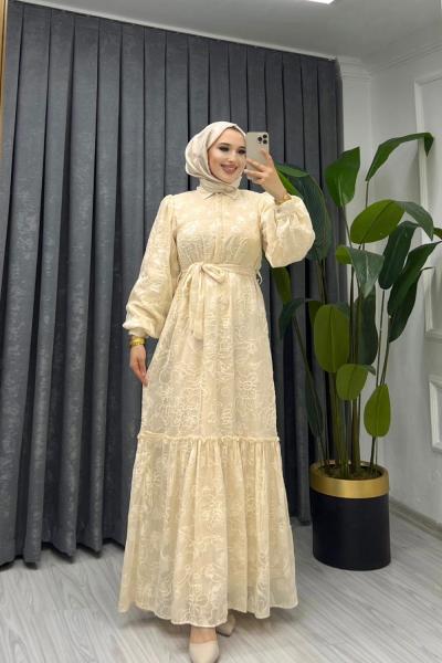 tam buy astarlı dantelli şifon Krem