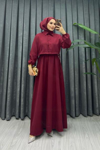 Tesettür Elbise Takım Bordo Bordo