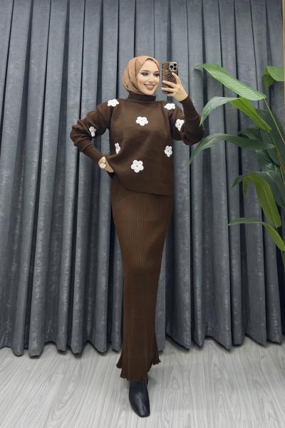 Triko jile kazak takım Kahverengi