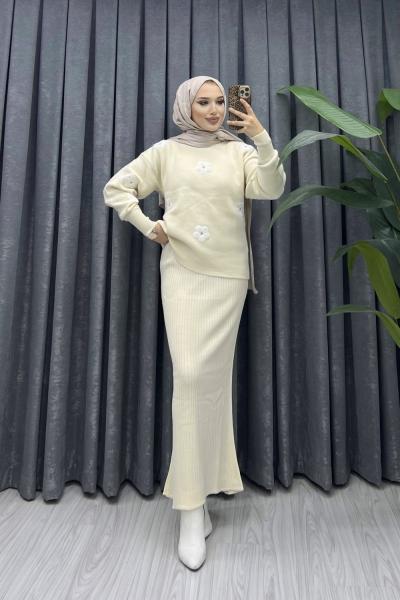 Triko jile kazak takım Krem