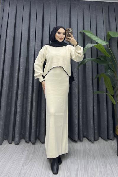 Triko jile kazak takım Krem