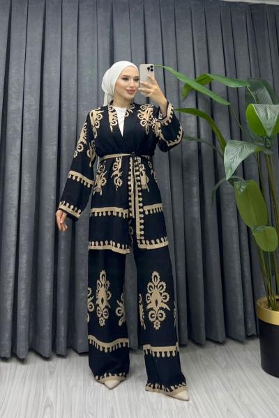 Yazın vazgeçilmezi kimono takım Siyah Taba