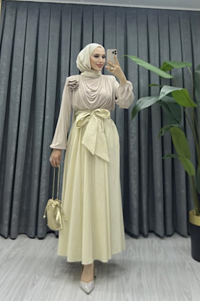 Yeni Sezon Kuşaklı Etek Krem