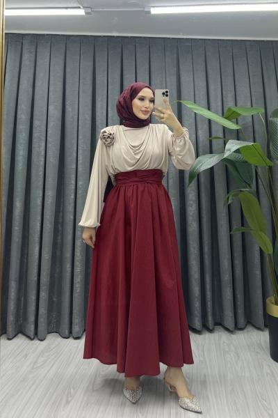 Yeni Sezon Kuşaklı Etek Bordo