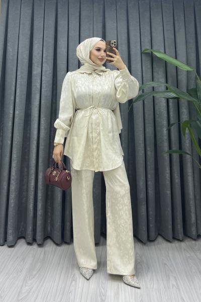 ZARA KUŞAKLI SATEN TAKIM Krem